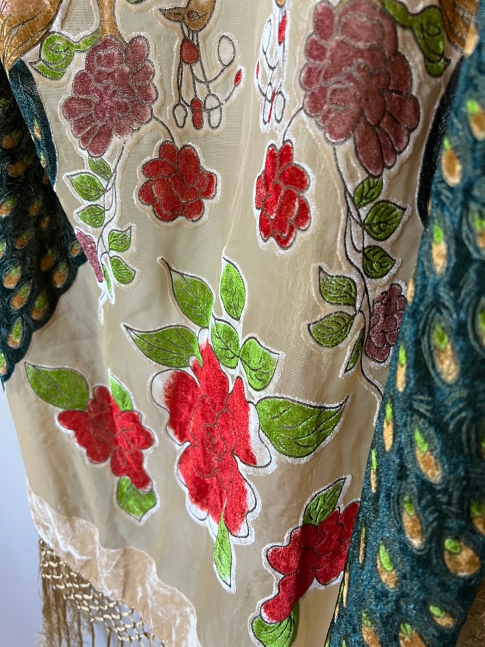 Peacock Burnout Velvet Fringe Kimono Robe Boho Festival BeigeTeal Silk Duster OS - Picture 5 of 14